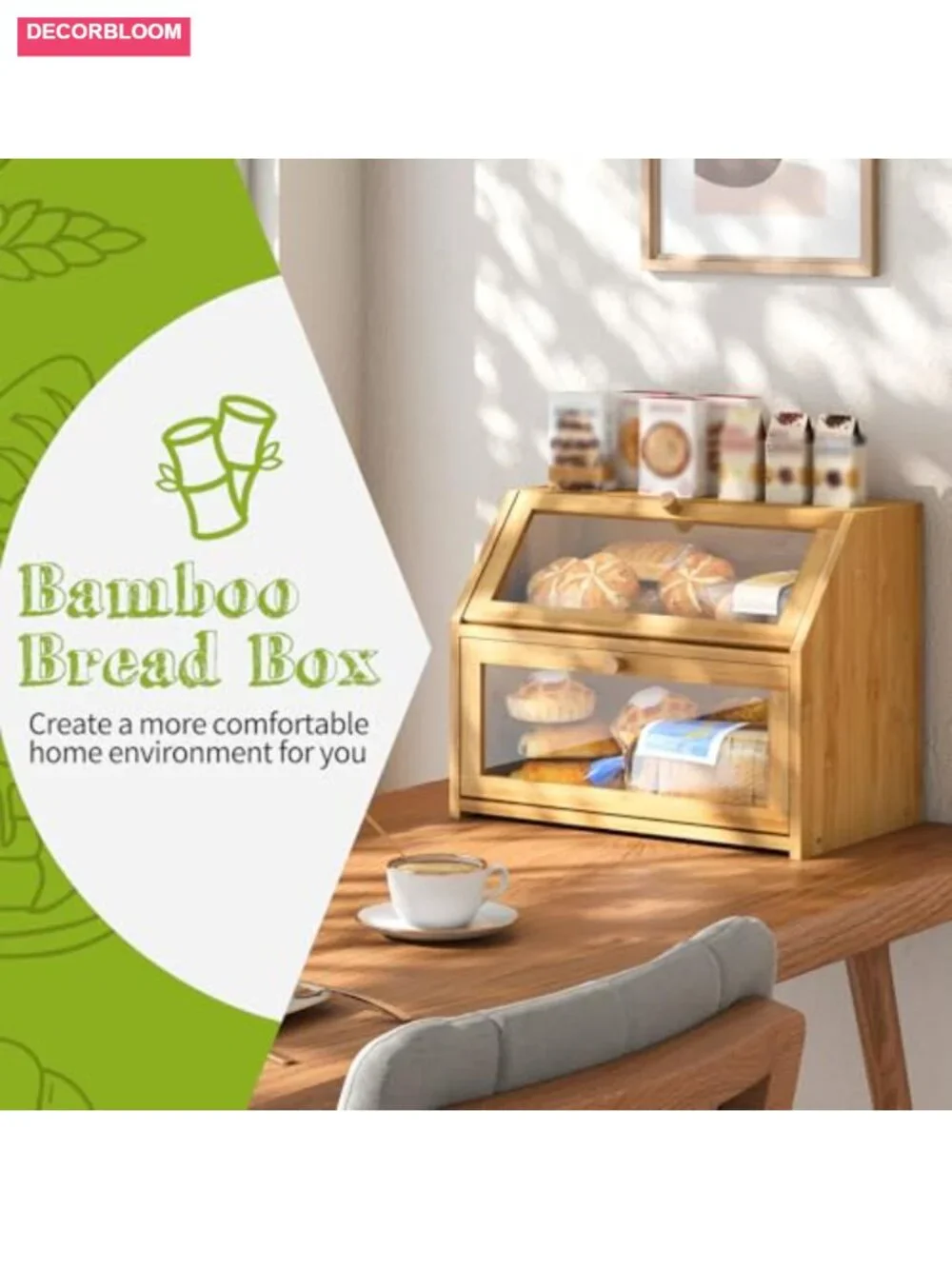 Double Layer Bamboo Wood Bread Box for Kitchen Countertop Storage